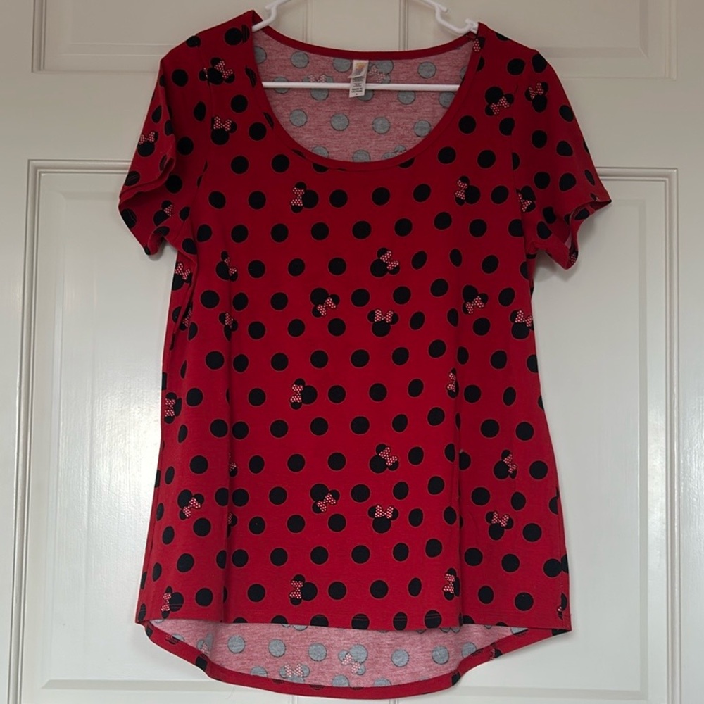 LuLaRoe Red Short Sleeve Polka Dot Tee with Black Minnie Accents